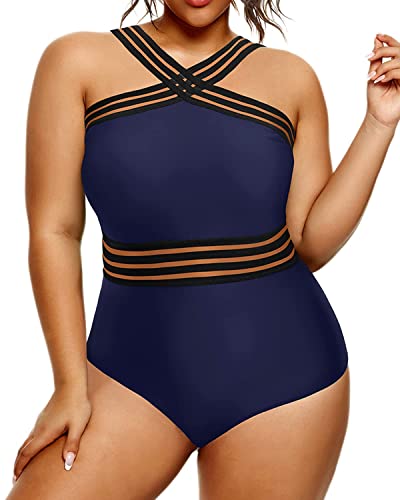 Women's Plus Size Tummy Control One Piece Swimsuit-Navy Blue