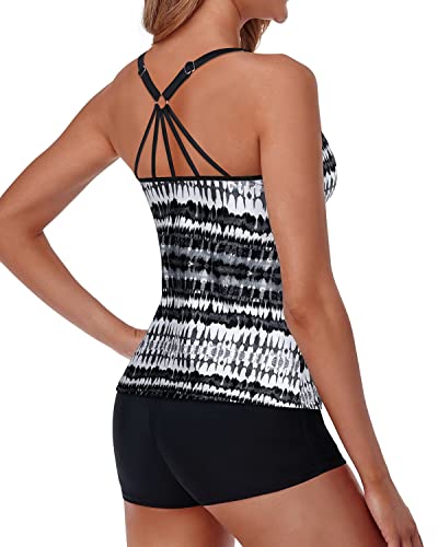 Modest Two Piece Tankini Swimsuits For Women Shorts-Black And White Tribal