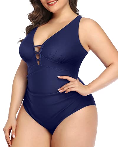 Push Up Padded Bra Plus Size Slimming One Piece Swimsuit-Navy Blue