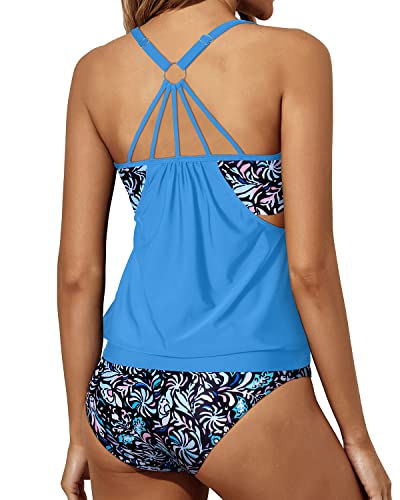 Women's 2 Piece Tankini Swimsuit Set Blouson Top And Bottom-Blue Floral