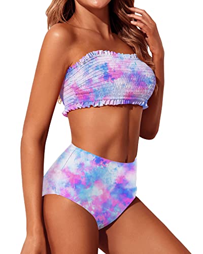 Cheeky Two Piece Smocked Swimsuits Off Shoulder Bathing Suit For Women-Tie Dye