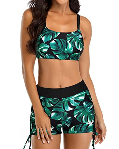 Women's Tank Top Built-In Sports Bra & Mid Waist Boyleg Bottoms-Black Leaf