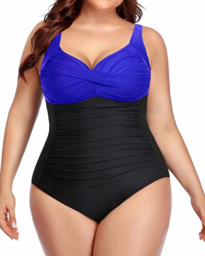 Plus Size One Piece Bathing Suits Tummy Control Ruched Cross Swimsuits-Royal Blue And Black