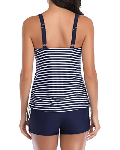 Two Piece Tankini Top Shorts Flattering Swimsuits For Women-Blue White Stripe
