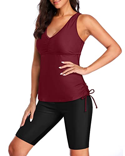 Two Piece Tankini Swimsuits Shorts Ladies Bathing Suits-Maroon