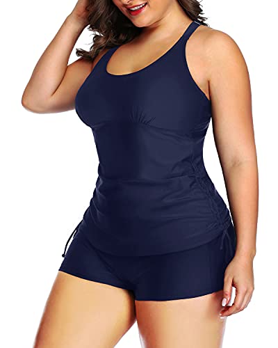 Athletic 2 Piece Swimwear Tummy Control Two Piece Ruched Swimsuit-Navy Blue