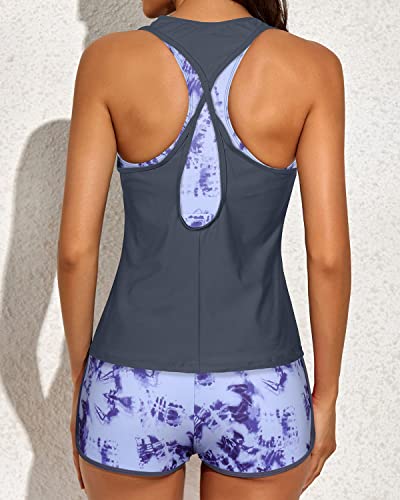 Stylish Open Back Tankini Top Sports Bra And Boyshorts Tankinis-Gray Blue Tie-Dye