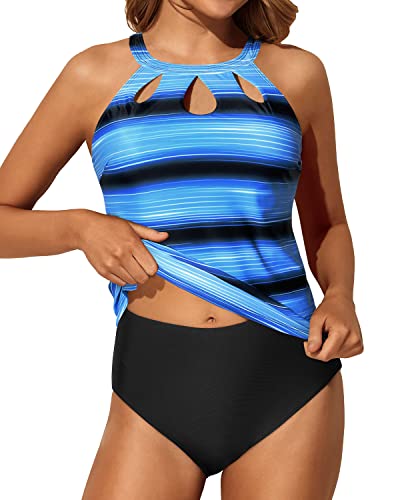 Flattering Keyhole High Neck Tankini Swimsuit For Women-Blue And Black Stripe