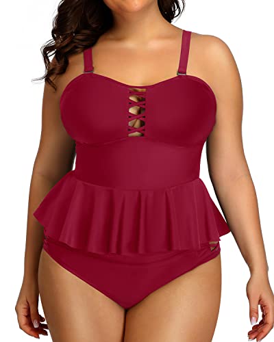 Lace Up Two Piece Bathing Suits For Women Tummy Control-Red