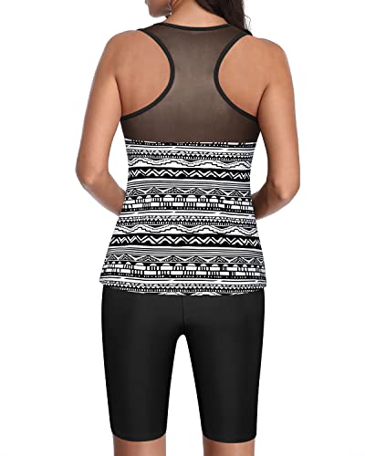 Women's High Waisted Boy Shorts Tankini Swimsuits Round Neck Mesh-Black Tribal