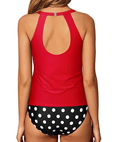 Halter High Neck Tankini High Waisted Swim Shorts-Red Dot