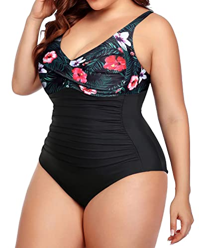 Twist Front Ruched Swimsuits For Women Plus Size-Black Floral