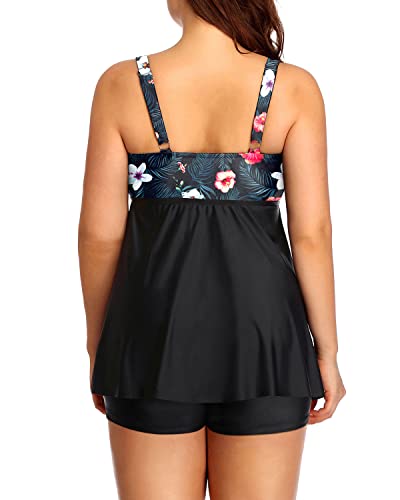 Tankini Swimsuits Shorts And Tummy Control For Women-Black Floral