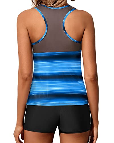 Ladies Sexy Mesh Patchwork Swim Top Shorts-Blue And Black Stripe