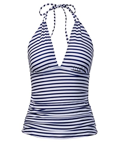 Halter Tankini Top No Bottom V Neck Swim Top Tummy Control Bathing Suit Top-Blue And White Stripes
