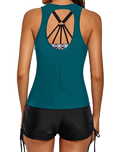 Athletic Tankini Swimwear Strappy D-Ring Back And Boyshorts-Black Tribal