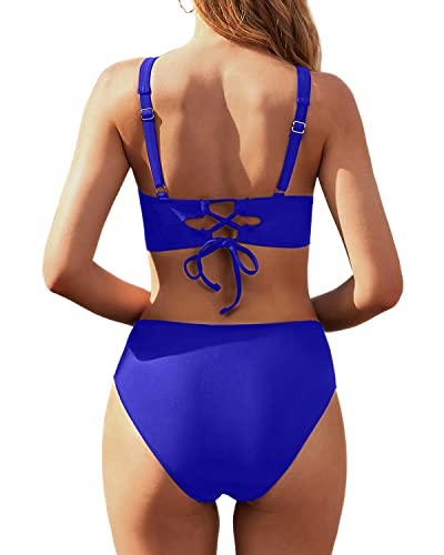 Ruched Tummy Control Two Piece High Waisted Bikini Set For Women-Royal Blue