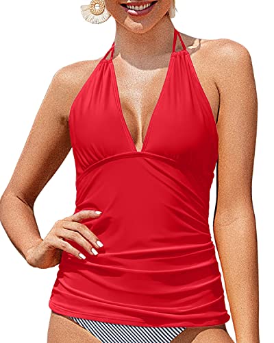 Cute Ruched Design Halter Top Swimsuits For Women-Red