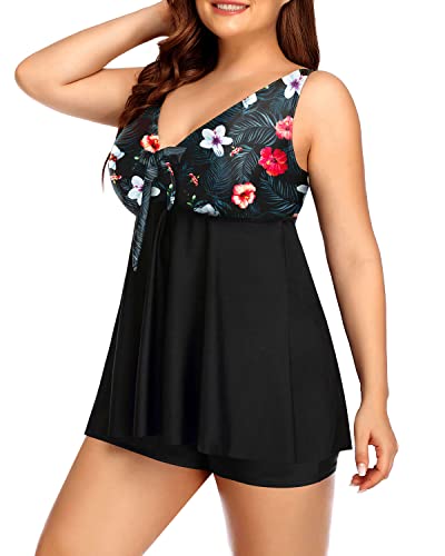Tankini Swimsuits Shorts And Tummy Control For Women-Black Floral