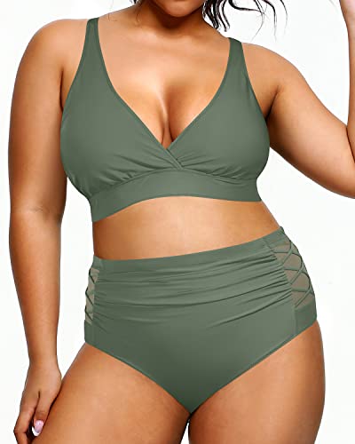Plus Size Bikini High Waisted Two Piece Bathing Suit Ruched Design-Olive Green