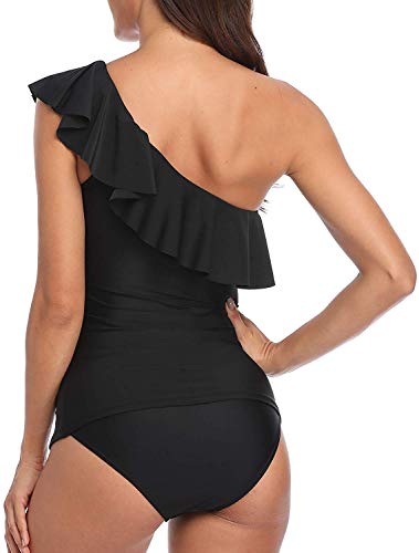 Tummy Control Bathing Suits One Shoulder Tankini-Black