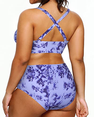 Women's Plus Size Bikini High Waisted Two Piece Swimsuits Tummy Control-Blue Tie Dye