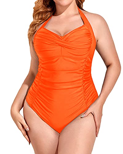 Halter Tops Plus Size Slimming One Piece Swimsuit-Neon Orange