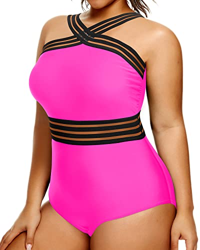 Sexy Mesh Crossover Monokini Plus Size One Piece Swimsuit-Neon Pink