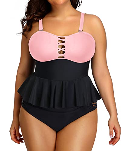 Peplum Tankini Tops Built-In Padded Bra For Women Plus Size Bathing Suits-Pink And Black