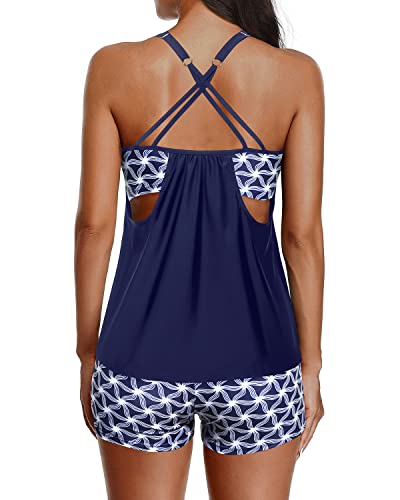 Athletic Swim Tank Top Boy Shorts Two Piece Tummy Control Bathing Suits-Blue And White Stars