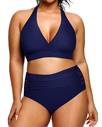V Neck Two Piece Plus Size Halter Bikini Swimsuits For Tummy Control-Navy Blue