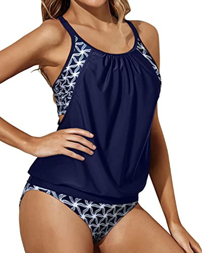 Athletic Tummy Control Bathing Suit Tankini Swimsuits For Women-Blue And White Stars