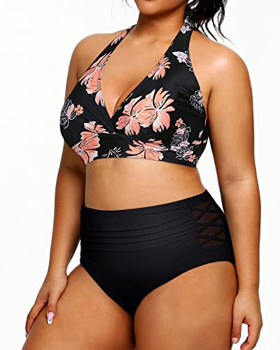 Women's Full Coverage Two Piece Plus Size Bikini Swimsuit-Black Orange Floral