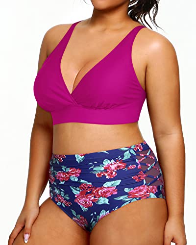 Sexy V Neck High Waisted Plus Size Bikini Bathing Suits-Pink Floral