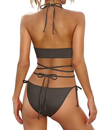 Tie Sides Strappy Two Piece Bikini Set Sexy Swimsuit-Brown