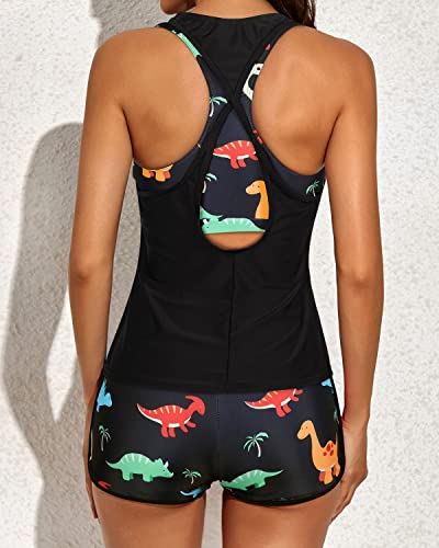 3 Piece Athletic Tankini Swimsuits For Women Shorts-Black Dinosaur