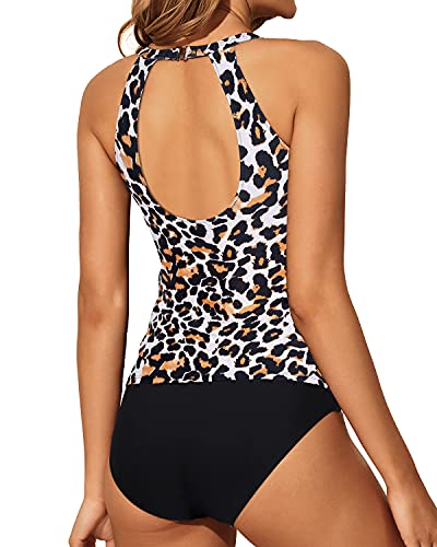 Two Piece High Neck Halter Tankini Set For Women-Black And Leopard