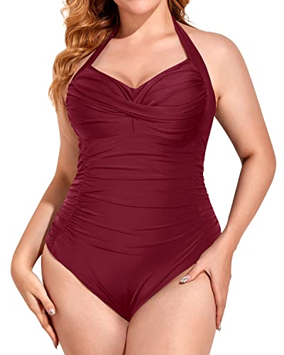 Sexy Backless Ruched Plus Size One Piece Swimsuit-Maroon