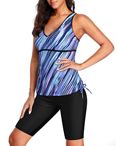 Two Piece V-Neck Tankini Swim Capris For Women-Blue Stripe