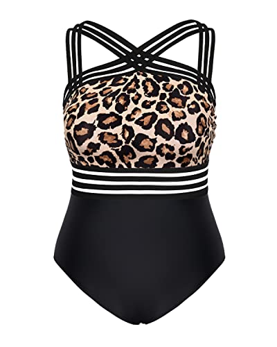 High Waist Full Coverage Monokini Swimsuits For Women Plus Size Swimming Suits-Black And Leopard