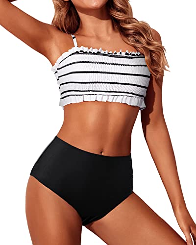 Ruffled Women's Bandeau Bikini Set Two Piece Smocked Swimsuit-Black And White Stripe