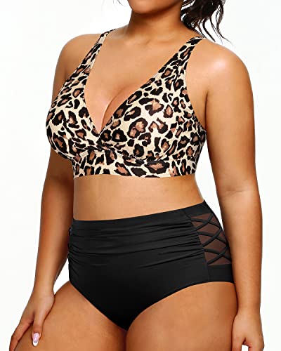 2 Piece Plus Size Bikini High Waisted Swimsuits Tummy Control Swimwear-Black And Leopard
