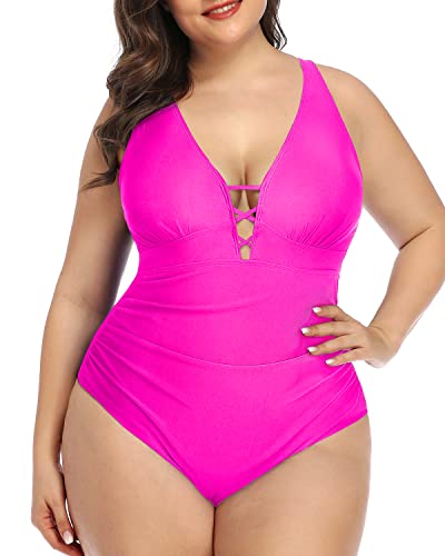 Ruched Detail Slimming Control Plus Size Push Up One Piece Swimsuit-Neon Pink