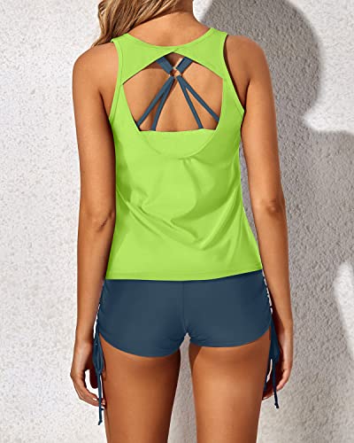 Boy Shorts And Bra 3 Piece Tankini Swimsuits For Women-Navy Yellow