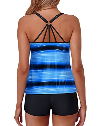 Tummy Control Two Piece Swimsuit For Women Shorts Bathing Suits-Blue And Black Stripe