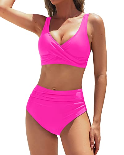 Twist Front Women's Two Piece High Waisted Bikini Set Full Coverage Bathing Suit-Neon Pink