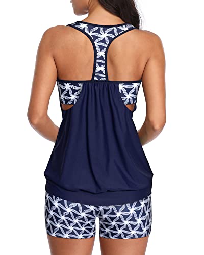 Women's Sporty T-Back Tankini Swimwear Tummy Control Boy Shorts-Blue And White Stars