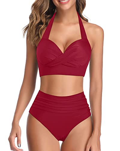 Women's Push Up Molded Cups Halter Neck Bikini Swimsuits-Red
