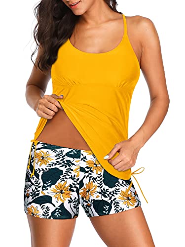 Drawstring Tie Side Cute Tankini Swimsuits For Women Boyleg Bottom-Yellow Floral