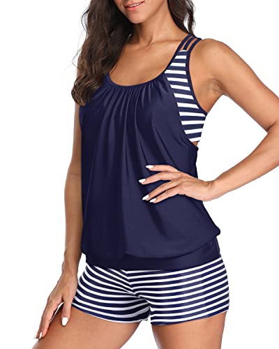 Layered Design Tankini Tops Boy Shorts For Ladies-Blue And White Stripes